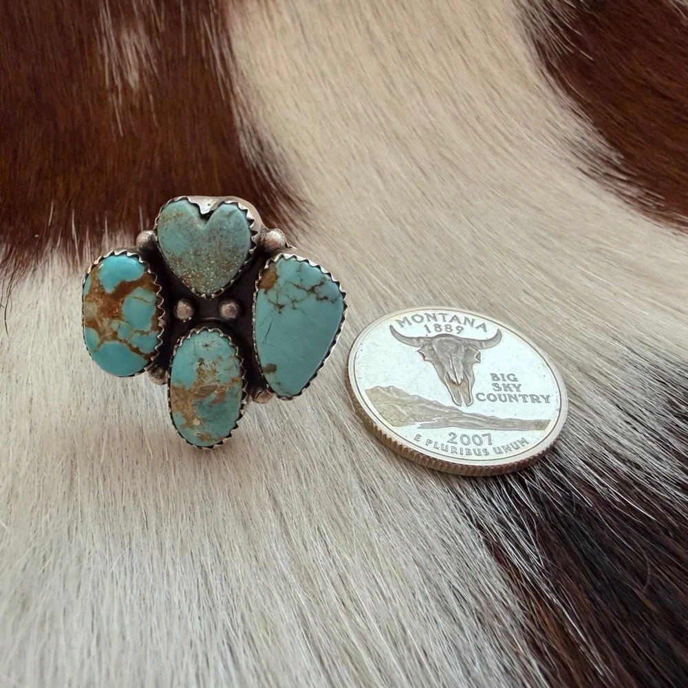 ❤️ #8 Turquoise Navajo Style 4 Stone Heart Statement Ring Adj Unisex 7.8 Gms 925